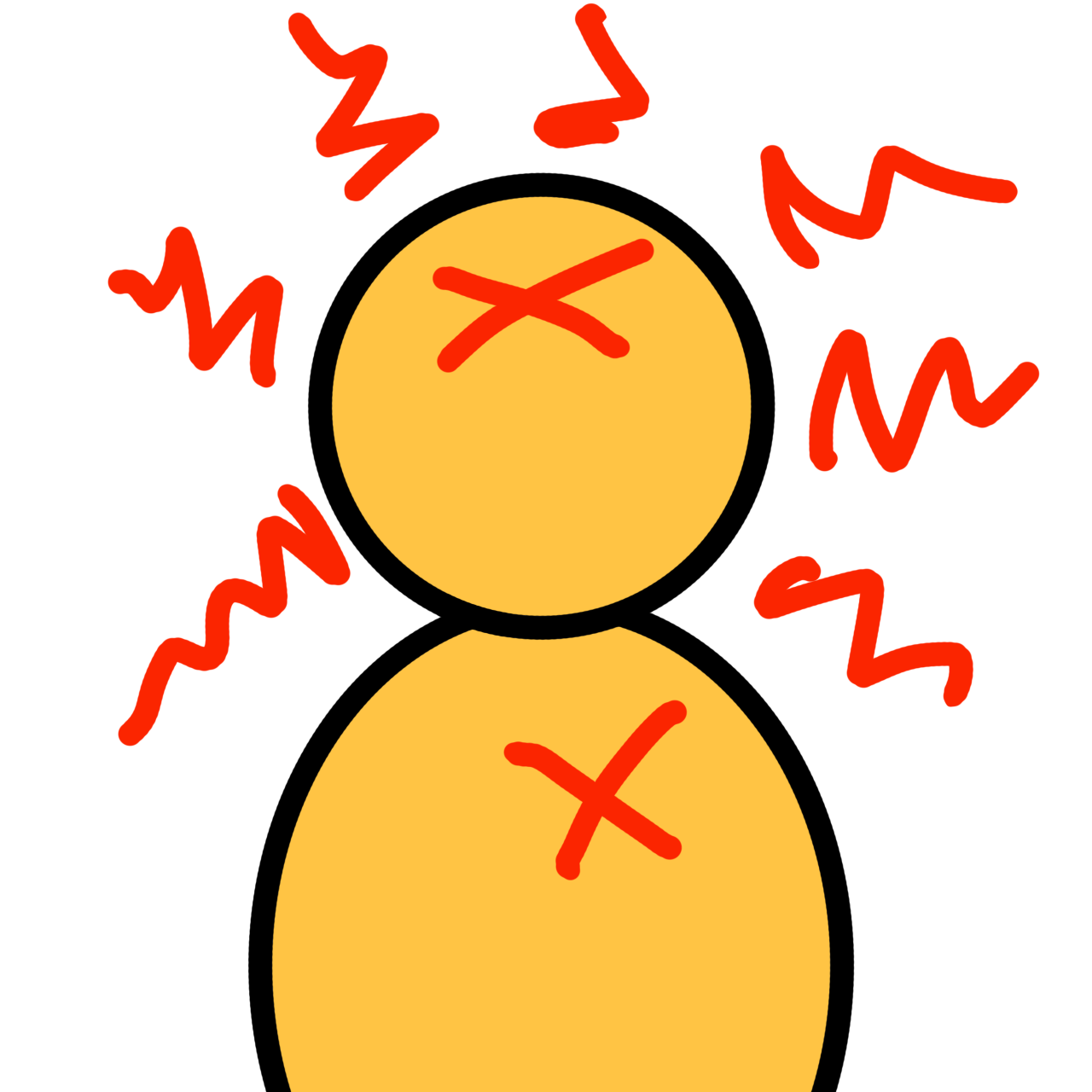 A figure with red squiggly lines around their head and red x’s over their head and chest.